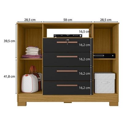Cômoda Madri 4 Gavetas 2 Portas Carvalho Americano Preto - Incorplac