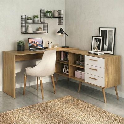 Mesa De Escritório Em L Com 3 Gavetas Porto Multimóveis Mp6046 Madeirado/branco