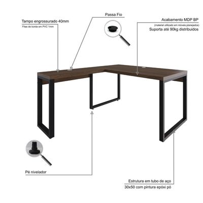 Mesa Em L Diretor 150x160x75cm Yon - Nogueira-est.preta Nogueira-est.preta