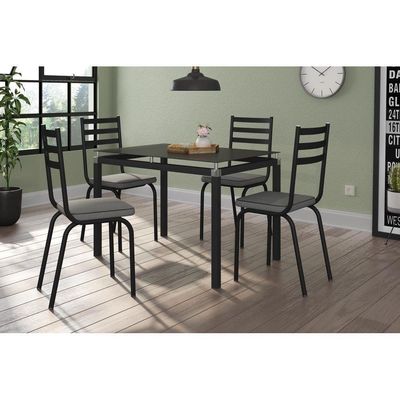 Conjunto Mesa de Jantar Malva 4 Lugares Tampo de Vidro Preto 107CM