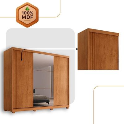 Guarda Roupa Casal Connor 3 Portas 6 Cabideiros Com Espelho Naturalle/off White