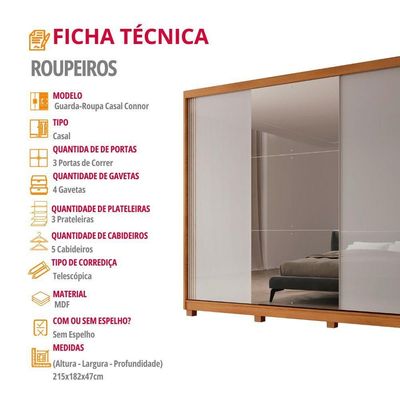 Guarda Roupa Casal Connor Mdf 3 Portas 4 Gavetas Com Espelho Naturalle/off White