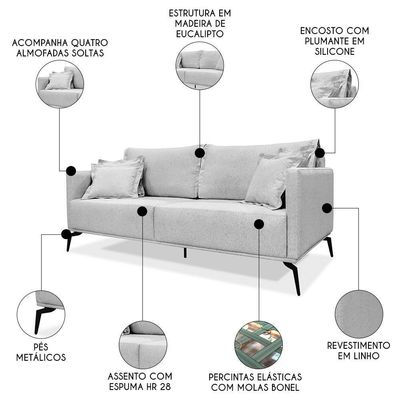 Sofá 2 Lugares 160cm Pés De Metal Vecchia S06 Linho Grigio - Mpozenato