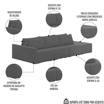 Sofá Ilha Modular Com Puff Para Sala Living 312cm Georgia K04 Veludo Cinza Escuro - Mpozenato