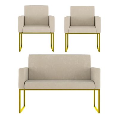 Kit Sofá 2 Lugares + 2 Poltronas Recepção Sala Base Dourada Cor:bege Bege