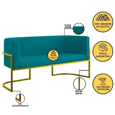 Sofá Namoradeira 2 Lugares Moderna Base Metal Gold Balaqui Azul Turquesa
