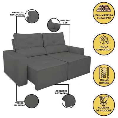 Sofá Reclinável Retrátil Luxo 2 Lugares C- Molas Balaqui Cinza