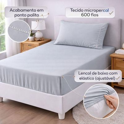 Jogo De Lençol Solteiro Premium Soft 600 Fios Micropercal Cinza Ponto Palito Toque Macio 2 Peças