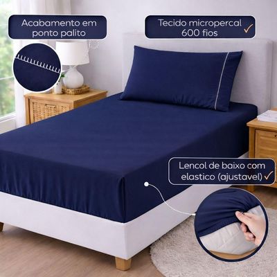 Jogo De Lençol Solteiro Premium Soft 600 Fios Micropercal Azul Marinho Ponto Palito Toque Macio 2 Peças