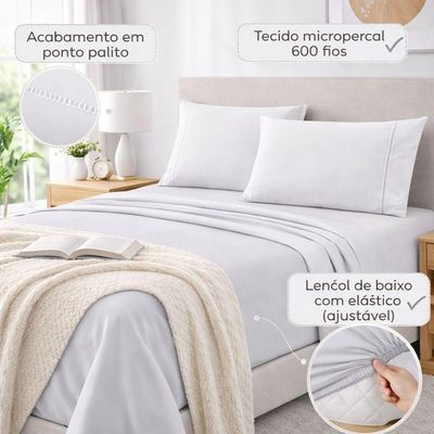 Jogo De Lençol Queen Premium Soft 600 Fios Micropercal Branco Ponto Palito Toque Macio 4 Peças
