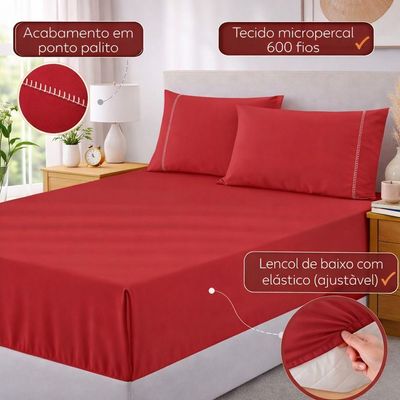 Jogo De Lençol King Premium Soft 600 Fios Micropercal Vermelho Ponto Palito Toque Macio 3 Peças