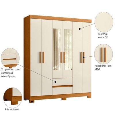 Roupeiro Solteiro 6 Portas 2 Gavetas Com Espelhoo Cumaru Off White