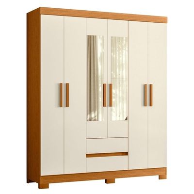 Roupeiro Solteiro 6 Portas 2 Gavetas Com Espelhoo Cumaru Off White