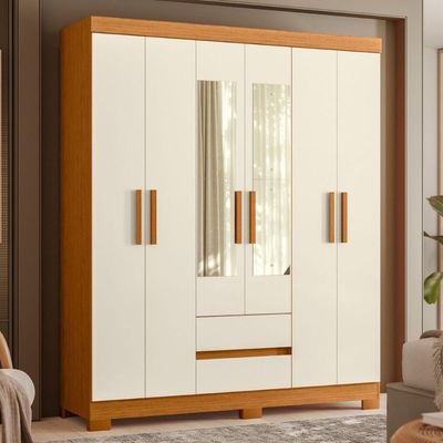 Roupeiro Solteiro 6 Portas 2 Gavetas Com Espelhoo Cumaru Off White