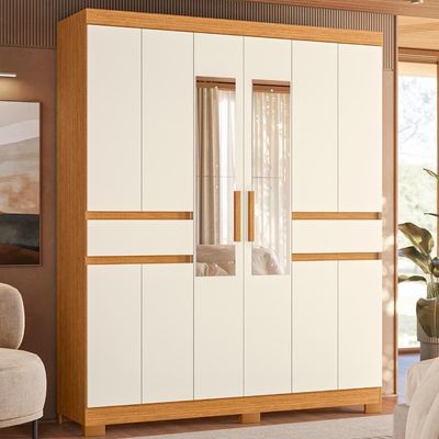 Roupeiro Solteiro 10 Portas 2 Gavetas Com Espelho Cinamomo Mel Off White