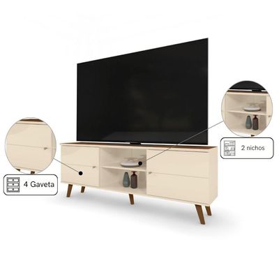 Rack Para Tv Com 2 Portas E Nicho Central Com Prateleira Off White Canela