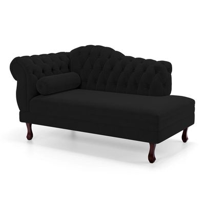 Divã Recamier Chaise Longue Lavínia 150cm Capitonê Pés De Madeira Courino Preto - Desk Design