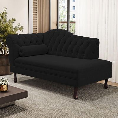 Divã Recamier Chaise Longue Lavínia 150cm Capitonê Pés De Madeira Courino Preto - Desk Design