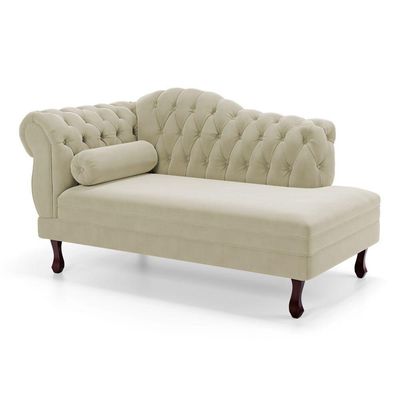 Divã Recamier Lavínia Clássico 120cm Capitonê Com Pés De Madeira Courino Bege - Desk Design