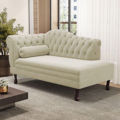 Divã Recamier Lavínia Clássico 120cm Capitonê Com Pés De Madeira Courino Bege - Desk Design