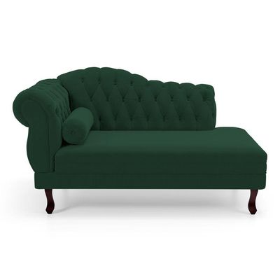 Divã Recamier Chaise Longue Lavínia 150cm Capitonê Pés De Madeira Veludo Verde Escuro - Desk Design