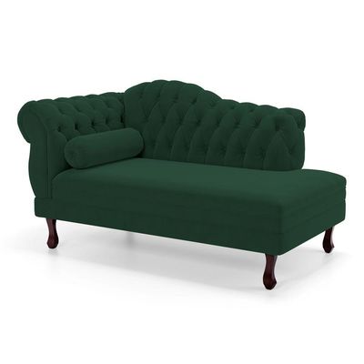 Divã Recamier Chaise Longue Lavínia 150cm Capitonê Pés De Madeira Veludo Verde Escuro - Desk Design