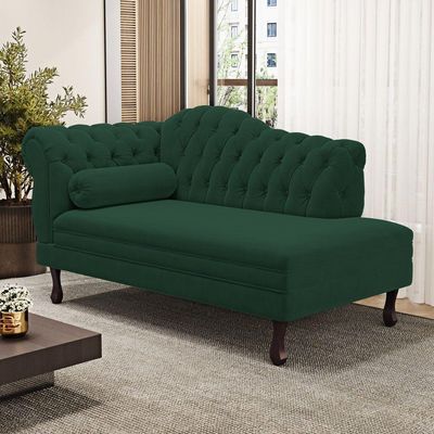 Divã Recamier Chaise Longue Lavínia 150cm Capitonê Pés De Madeira Veludo Verde Escuro - Desk Design