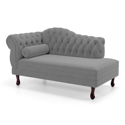 Divã Recamier Chaise Longue Lavínia 150cm Capitonê Pés De Madeira Suede Cinza - Desk Design