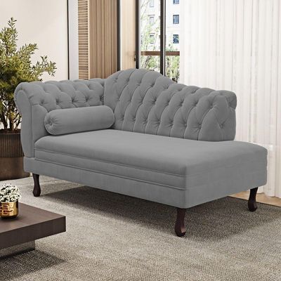 Divã Recamier Chaise Longue Lavínia 150cm Capitonê Pés De Madeira Suede Cinza - Desk Design