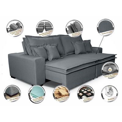 Sofa Retrátil E Reclinável Com Molas Cama Inbox Premium 2,72m Tecido Em Linho Cinza Escuro