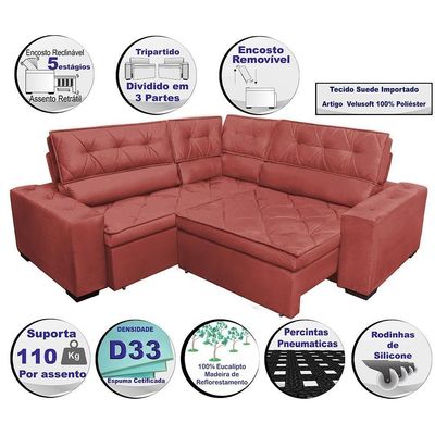 Sofa De Canto Retrátil E Reclinável Com Molas Cama Inbox Austin 2,70m X 2,70m Velusoft Vermelho