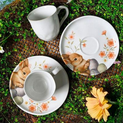 Jogo Xícara Café Bio Doce Ninho Coelho Páscoa 120ml Kit 12pç
