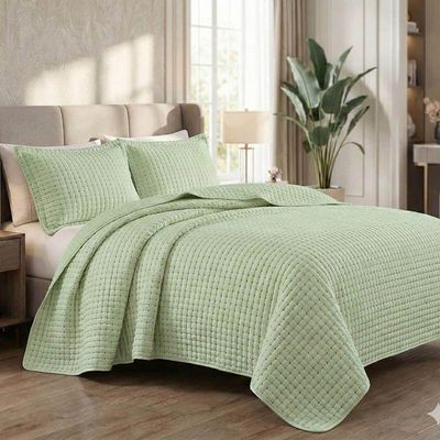 Kit Cobre Leito Colcha Claire King 3 Peças Micropercal 300 Fios Bordado - Verde Pistache - 100% Poliéster