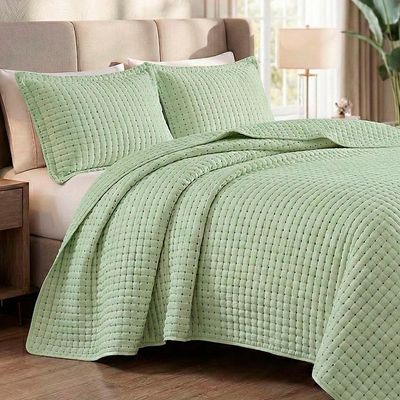 Kit Cobre Leito Colcha Claire King 3 Peças Micropercal 300 Fios Bordado - Verde Pistache - 100% Poliéster