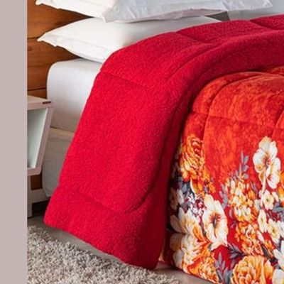 Edredom Coberdrom Sonobom Solteiro Sherpa E Manta - Floral Vermelho - 100% Poliéster