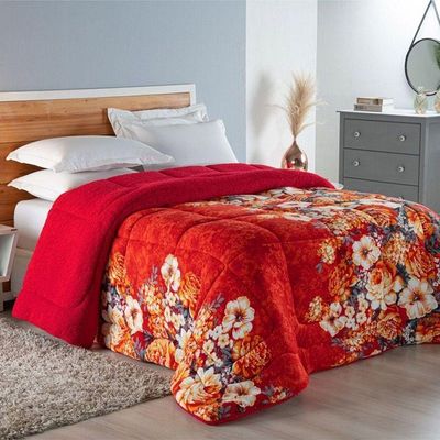 Edredom Coberdrom Sonobom Solteiro Sherpa E Manta - Floral Vermelho - 100% Poliéster
