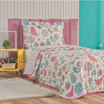 Cortina Juvenil Quarto Menina E Colcha Matelada Coruja - Lilás - 100% Poliéster