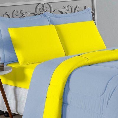 Kit Edredom Dupla Face + Jogo De Lençol Casal Viúva Nobre 6 Peças Malha 100% Algodão - Azul-bebê / Amarelo