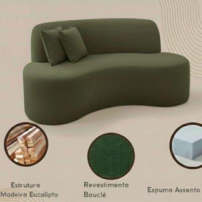 Sofá Ondulado Orgânico Pequeno 2 Lugares Sala Bouclé Verde Musgo
