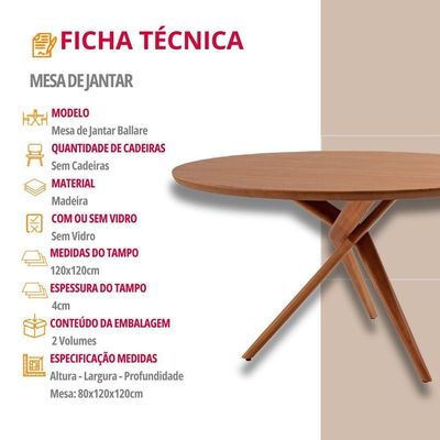 Mesa Para Sala De Jantar Ballare 120cm Tampo Redondo Moderna Imbuia Natural