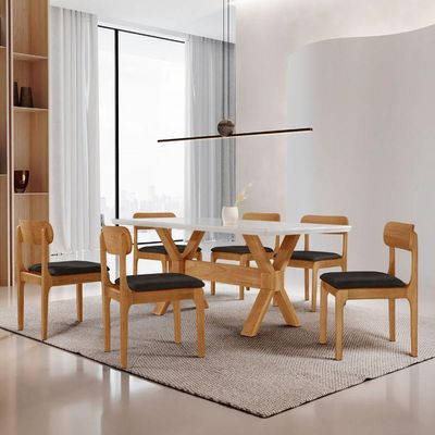 Sala De Jantar Mesa Star Tampo Laqueado E 6 Cadeiras Linho Preto/laq Off/cinam. Imbuia