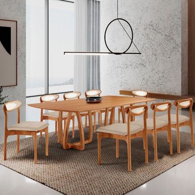Sala De Jantar Mesa Flora Tampo Laminado Barril 8 Cadeiras Vel Creme /imbuia Nat/cinam. Imbuia