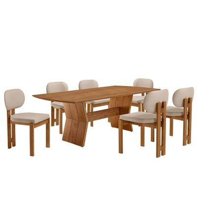 Mesa Portugal Tampo Laminado Barril 6 Cadeiras Nala Moderna Vel Creme /imbuia Nat/cinam. Imbuia