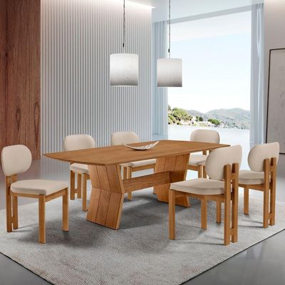 Mesa Portugal Tampo Laminado Barril 6 Cadeiras Nala Moderna Vel Creme /imbuia Nat/cinam. Imbuia