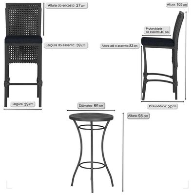 Mesa Bistro E 4 Banquetas Roma Preta Corda Náutica 12 Preta