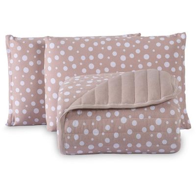 Kit Cobre Leito Colcha Polly King 3 Peças Malha 100% Algodão Estampa Bolinhas - Bege