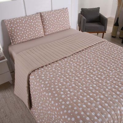 Kit Cobre Leito Colcha Polly King 3 Peças Malha 100% Algodão Estampa Bolinhas - Bege
