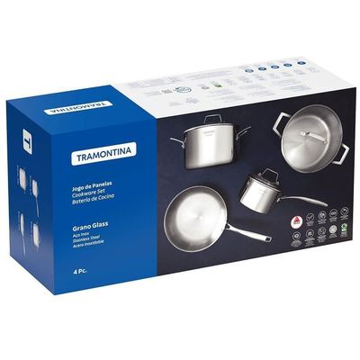 Jogo De Panelas Tramontina Grano Em Aço Inox Com Corpo Triplo E Tampa De Vidro 4 Peças 65140004