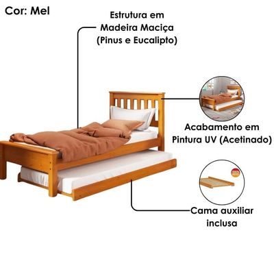 Cama De Solteiro Madeira Maciça Com Cama Auxiliar 706x715la Mell Acetinado Marjori Mel Acetinado