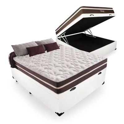 Cama Box Baú Casal 138 Tecido Sintético Branco Com Colchão Little Angel Mola Superlastic